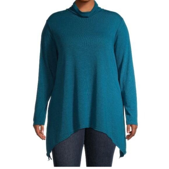 Terra & Sky Womens Turquoise Cowl Neck Sharkbite Tunic Top Size 3X (24W-26W) - Picture 1 of 8